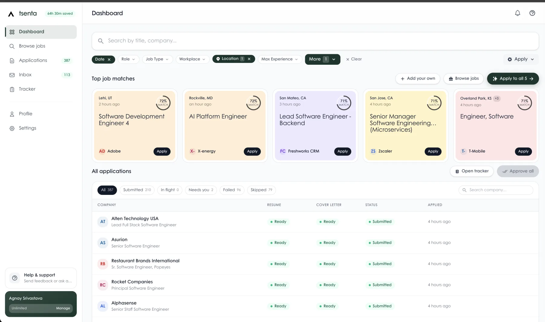 Tsenta dashboard showing matched jobs and application controls